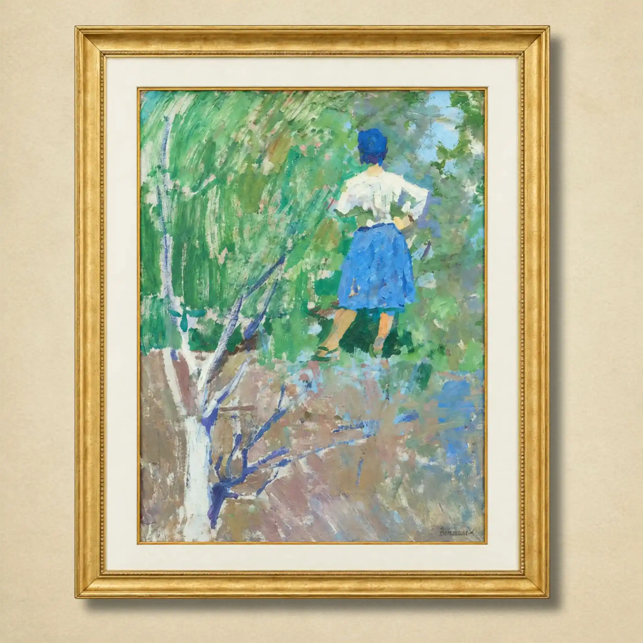 Signed figurative landscape painting of a woman in blue surrounded by expressive green foliage