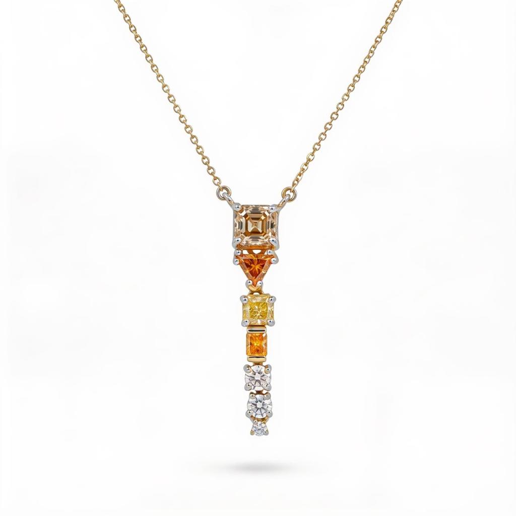 14K yellow gold pendant necklace featuring approximately 2.16 ct of natural fancy colored diamonds in emerald, radiant, trilliant and round brilliant cuts with warm yellow and yellow-orange hues.