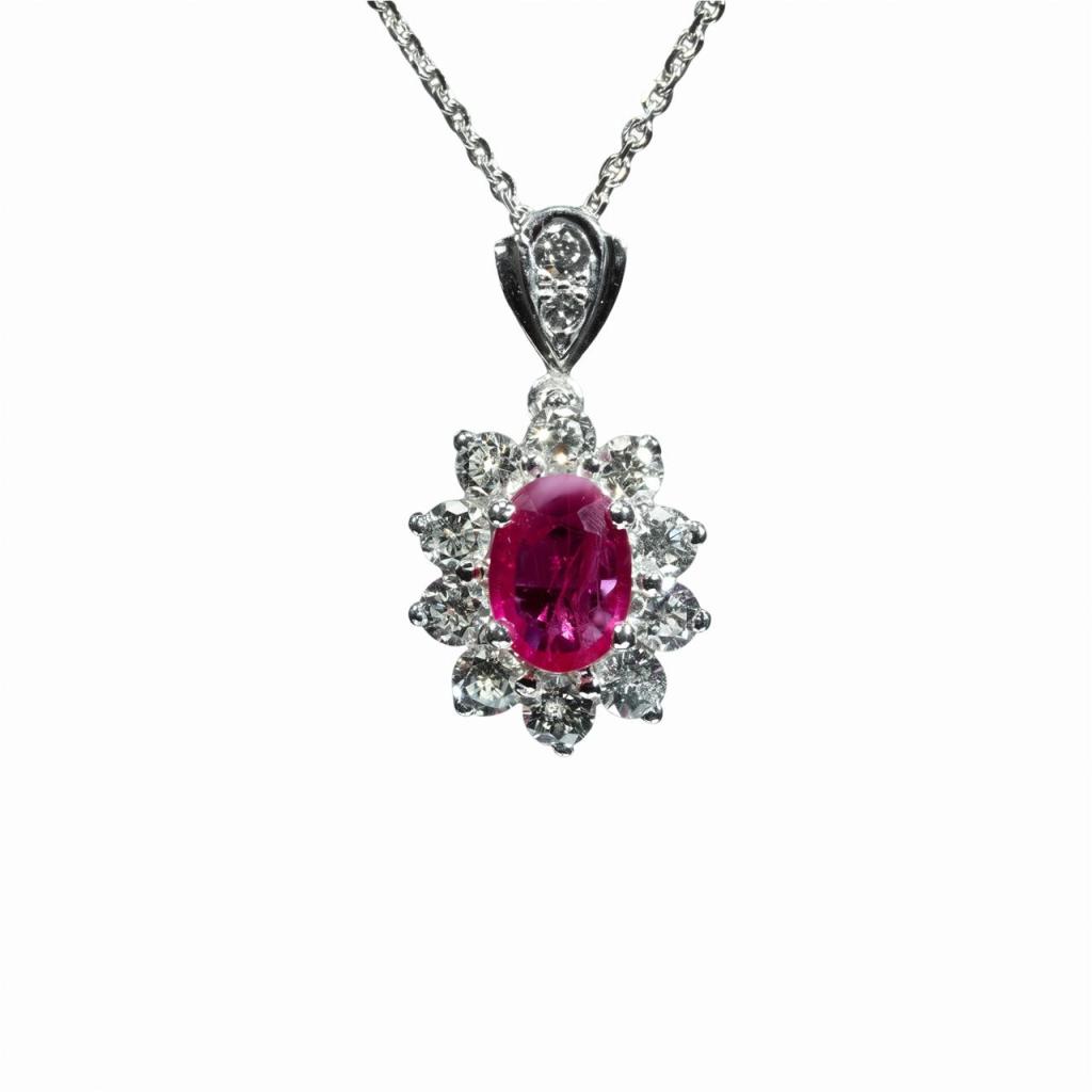 Elegant 18K white gold pendant necklace featuring a natural oval ruby surrounded by a halo of brilliant-cut diamonds with a matching white gold chain.