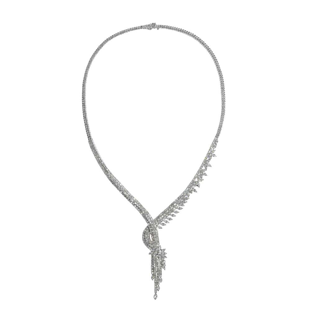 Luxury diamond statement necklace with cascading floral design in white gold finish