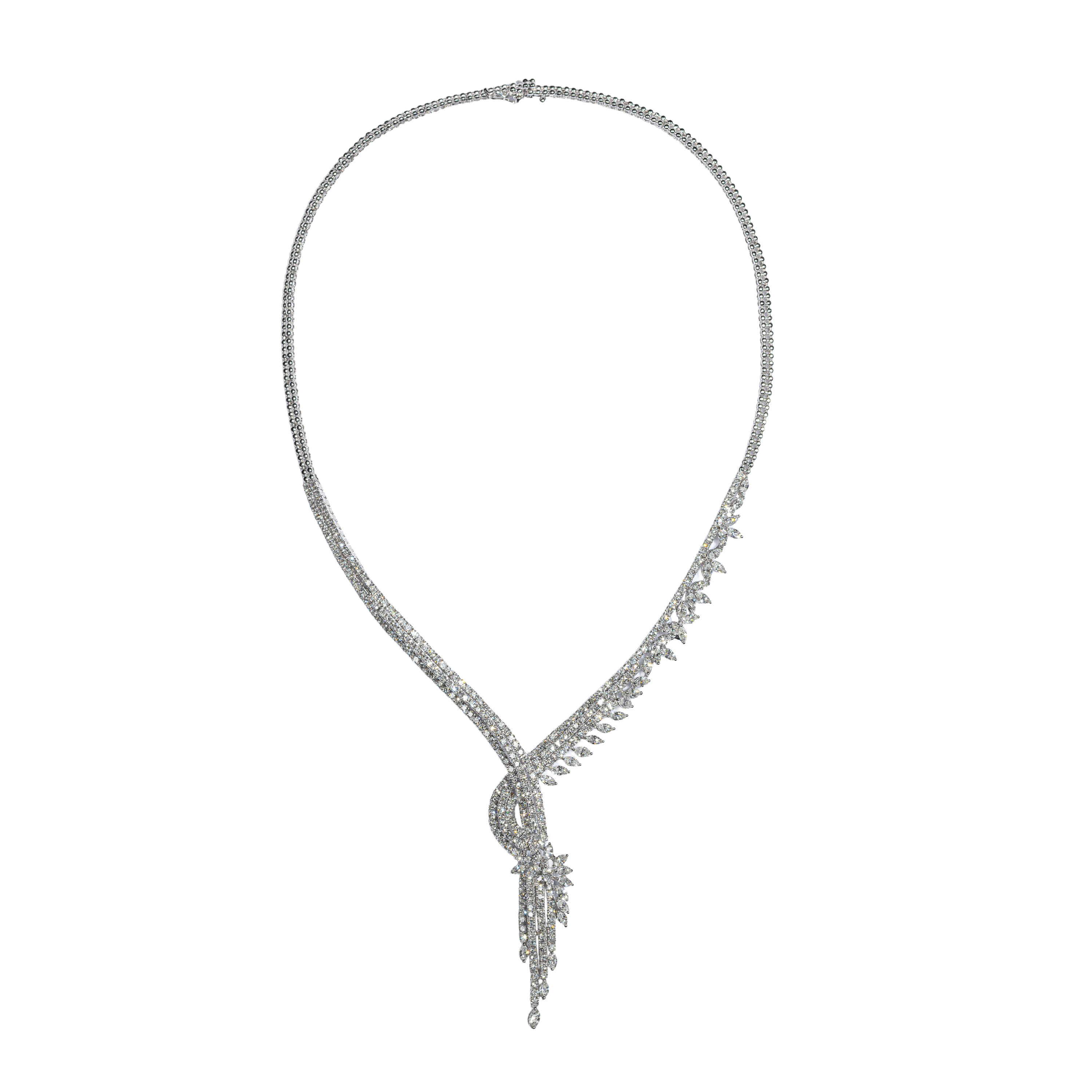 Luxury diamond statement necklace with cascading floral design in white gold finish