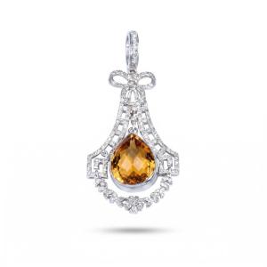 18K white gold pendant necklace featuring a pear-shaped natural citrine surrounded by brilliant-cut natural diamonds in an intricate vintage-inspired setting.