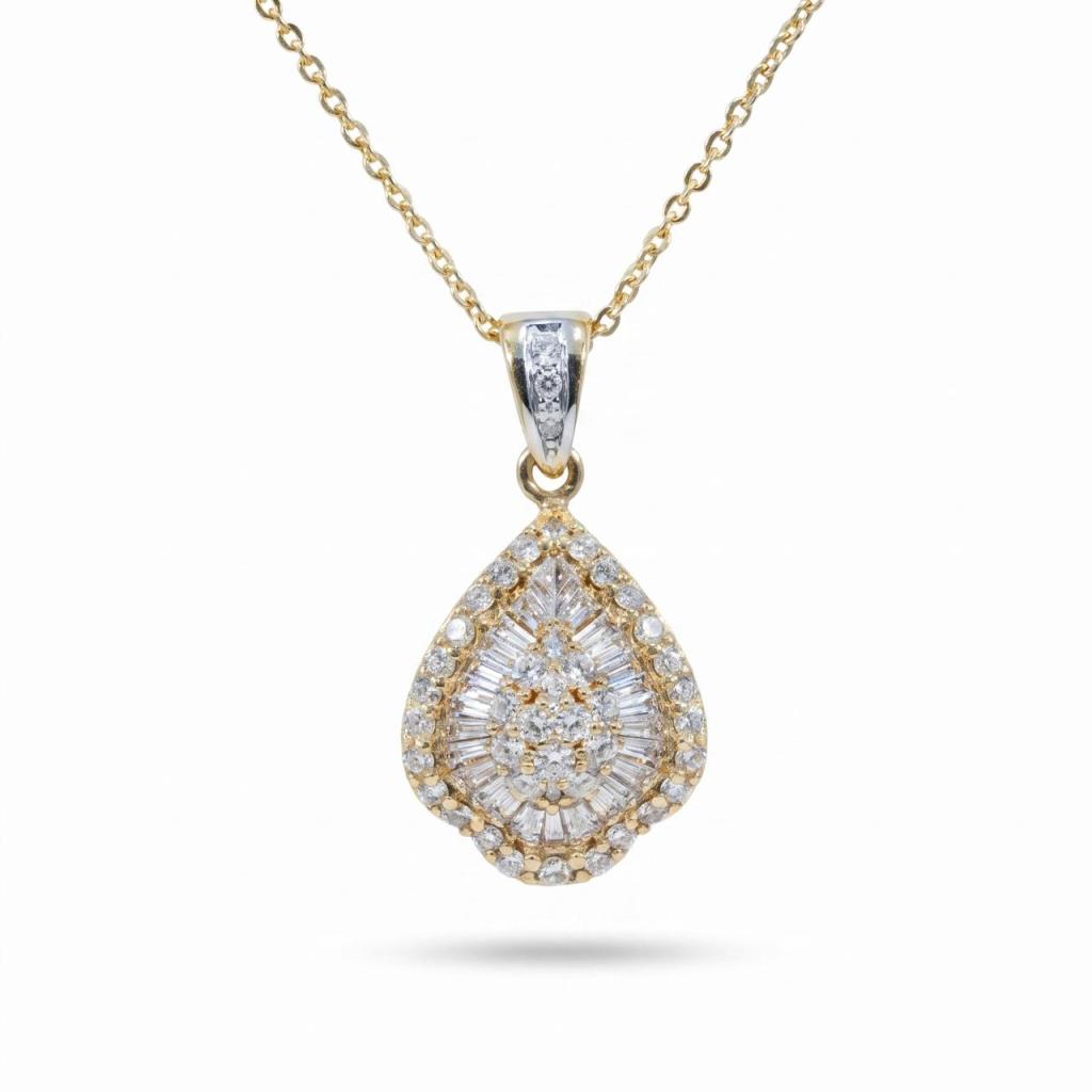 18K yellow gold teardrop pendant necklace featuring 1.97 ct of natural round brilliant and baguette-cut diamonds suspended from a matching yellow gold chain.
