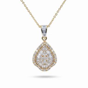 18K yellow gold teardrop pendant necklace featuring 1.97 ct of natural round brilliant and baguette-cut diamonds suspended from a matching yellow gold chain.