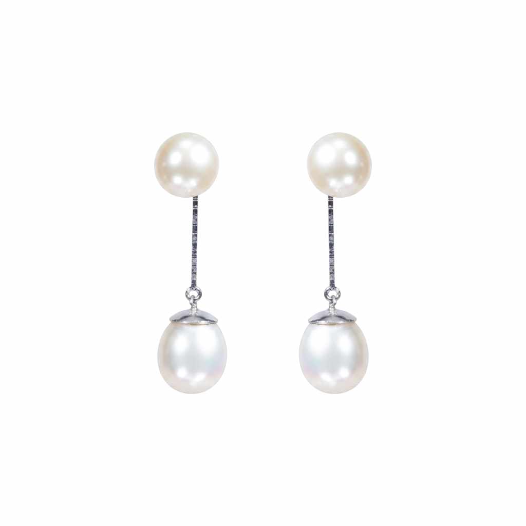 18K white gold drop earrings featuring four exceptional-quality white freshwater pearls in an elegant double pearl design.