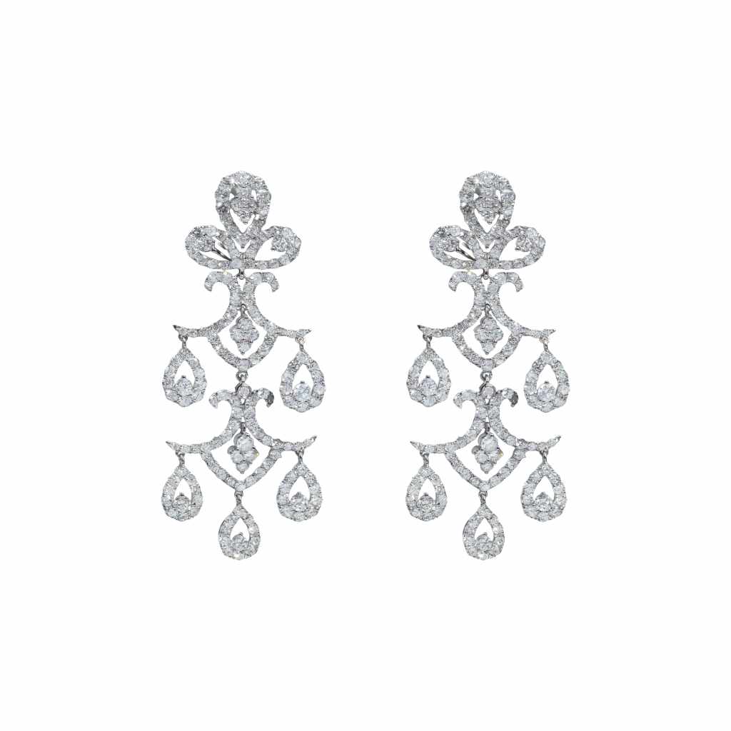 18K white gold chandelier earrings featuring 9.09 carats of round diamonds in an elaborate cascading multi-drop design.