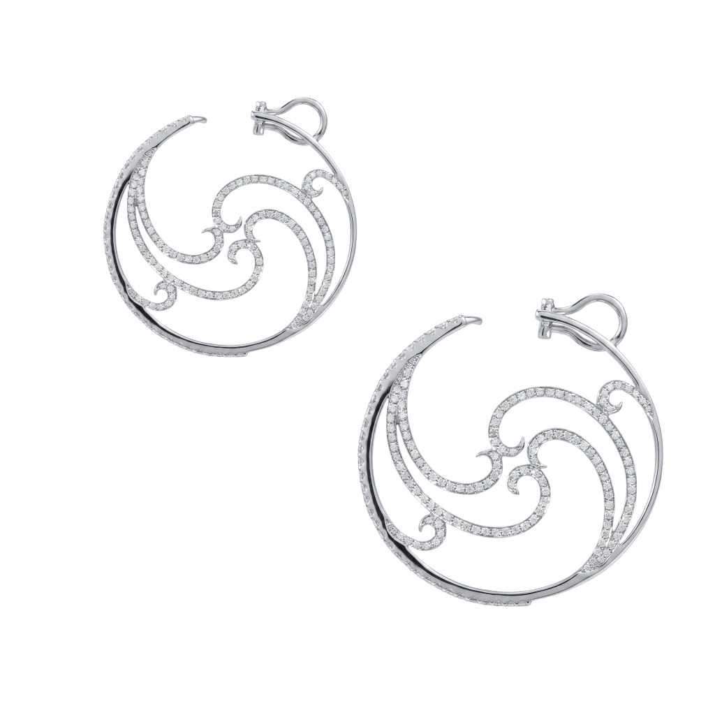 18K white gold swirl hoop earrings featuring 2.01 carats of round diamonds in an intricate openwork design.