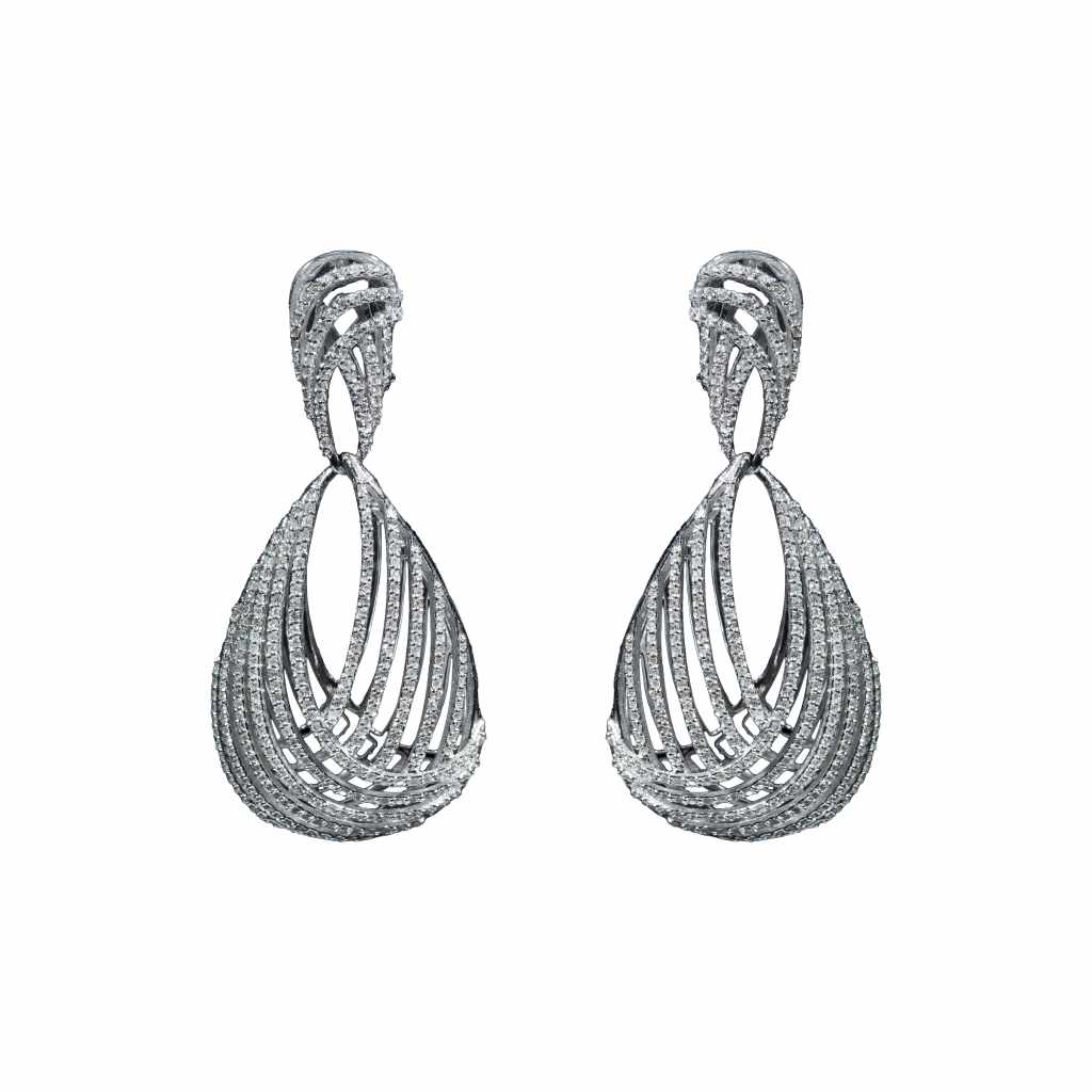 18K white gold statement drop earrings featuring 3.85 carats of diamonds in an intricate multi-row openwork design.
