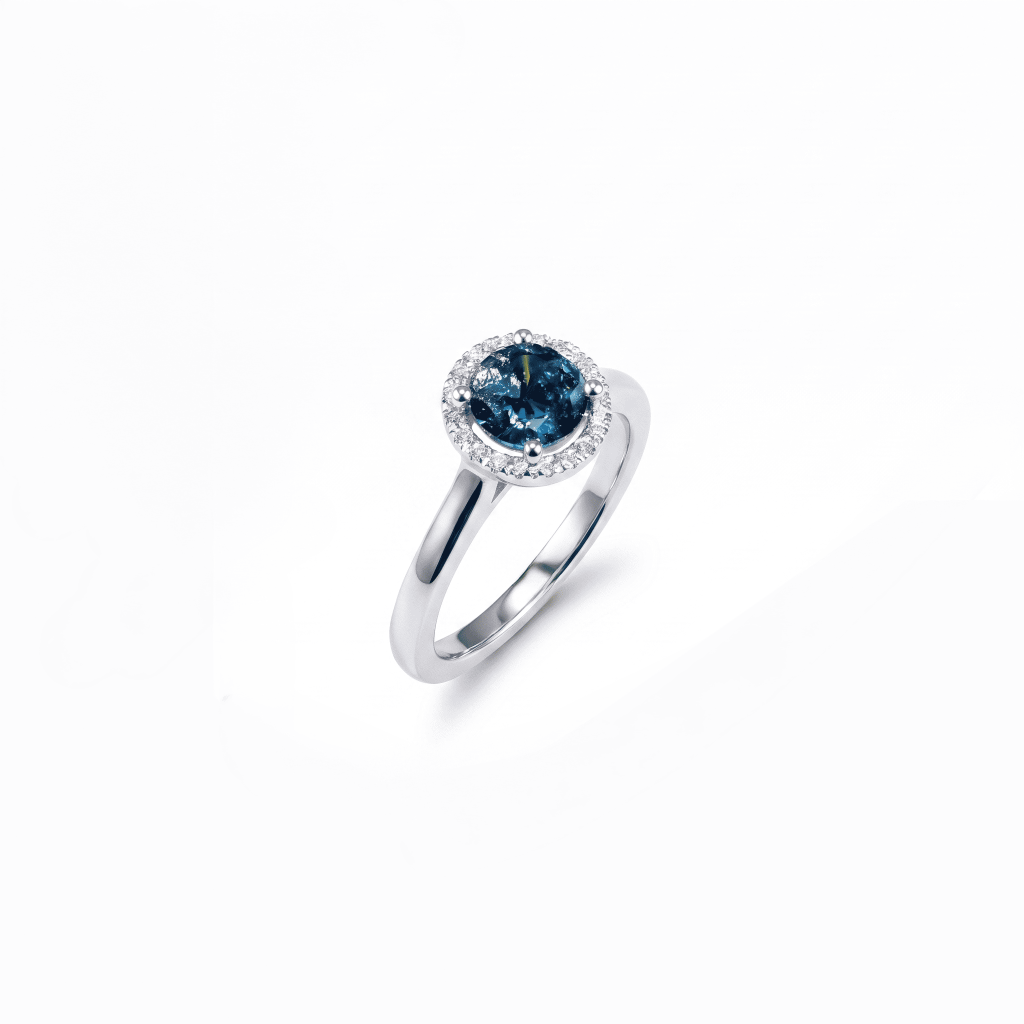 14K white gold halo ring with round blue diamond and white diamond accents