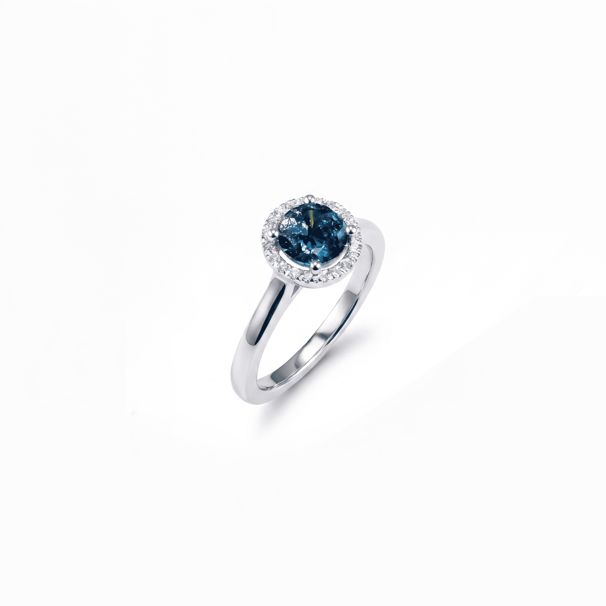 14K white gold halo ring with round blue diamond and white diamond accents