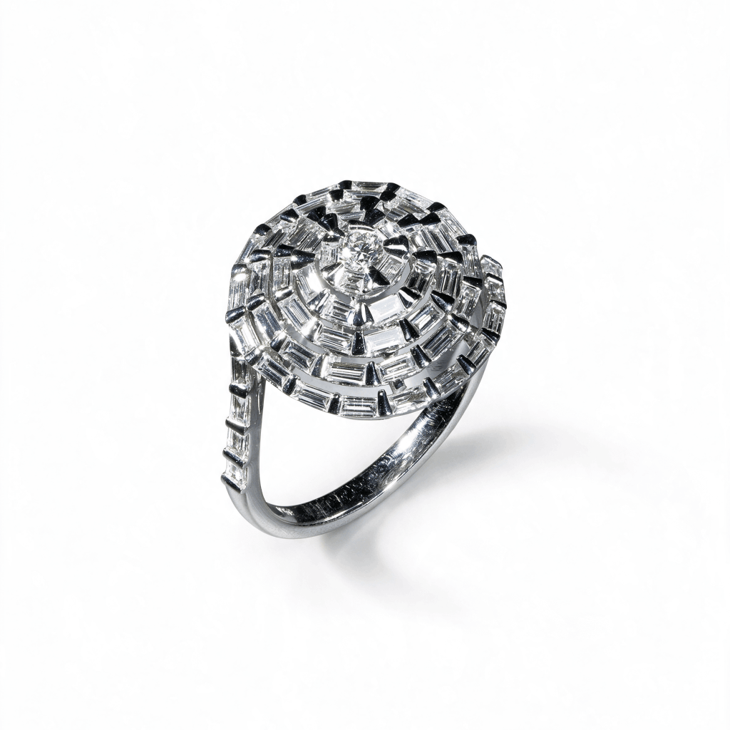 18K white gold baguette diamond spiral statement ring with round diamond center