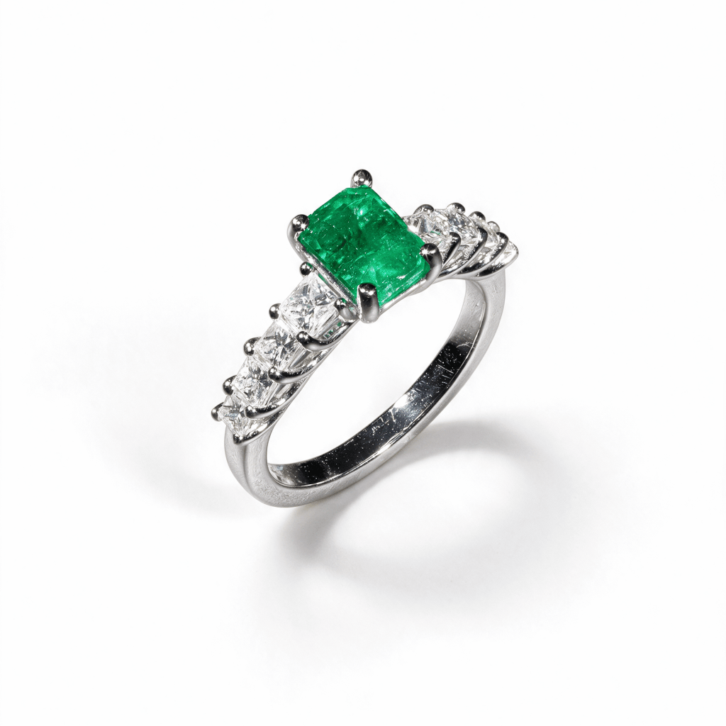 18K white gold Colombian emerald and diamond halo ring with emerald-cut center stone