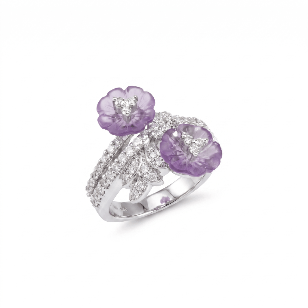18K white gold floral ring with carved purple amethyst flowers and round diamonds
