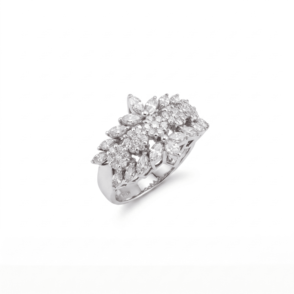 18K white gold floral ring featuring 1.50 carats of marquise diamonds and 0.57 carats of round diamonds.