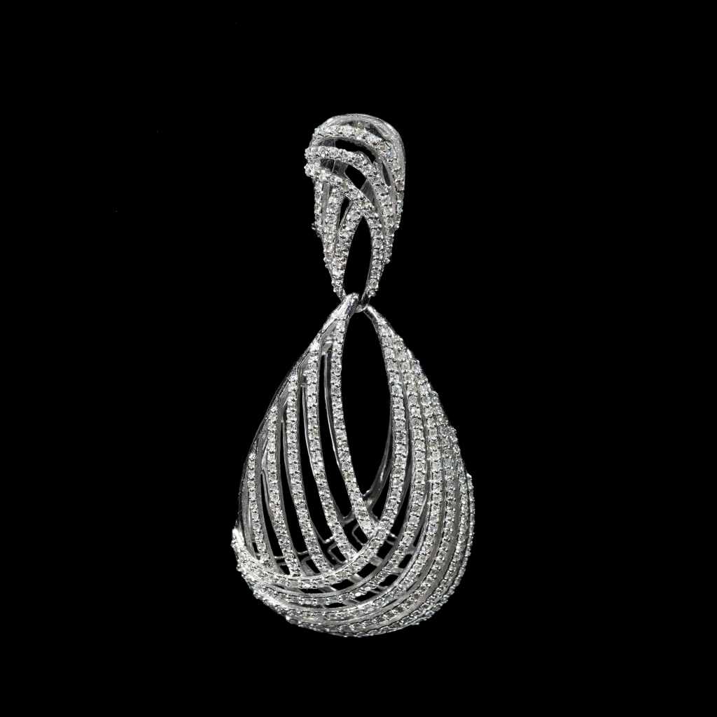 18K white gold statement drop earrings featuring 3.85 carats of diamonds in an intricate multi-row openwork design.