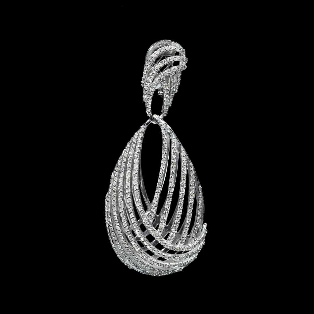 18K white gold statement drop earrings featuring 3.85 carats of diamonds in an intricate multi-row openwork design.