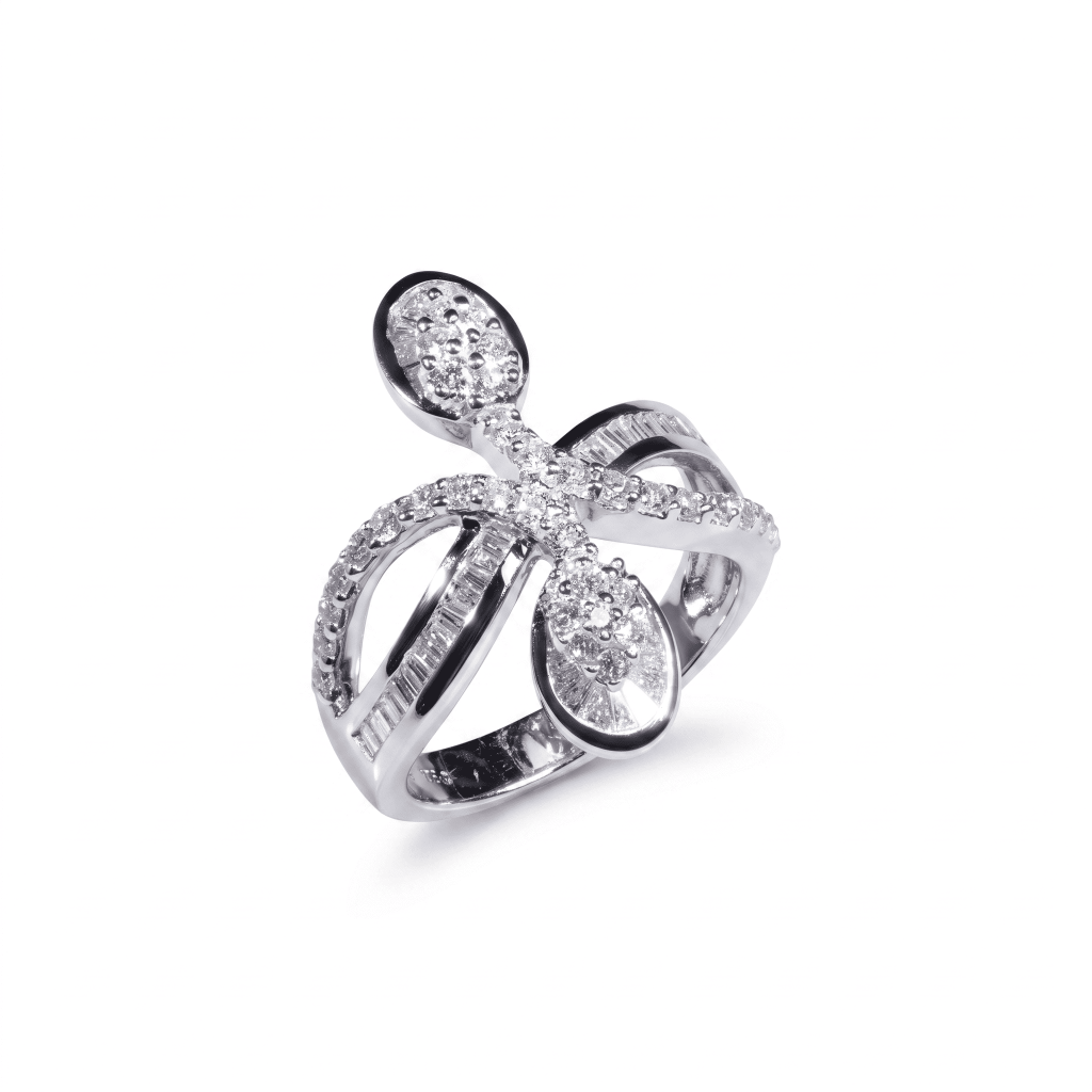 18K white gold statement ring with round and baguette-cut diamonds