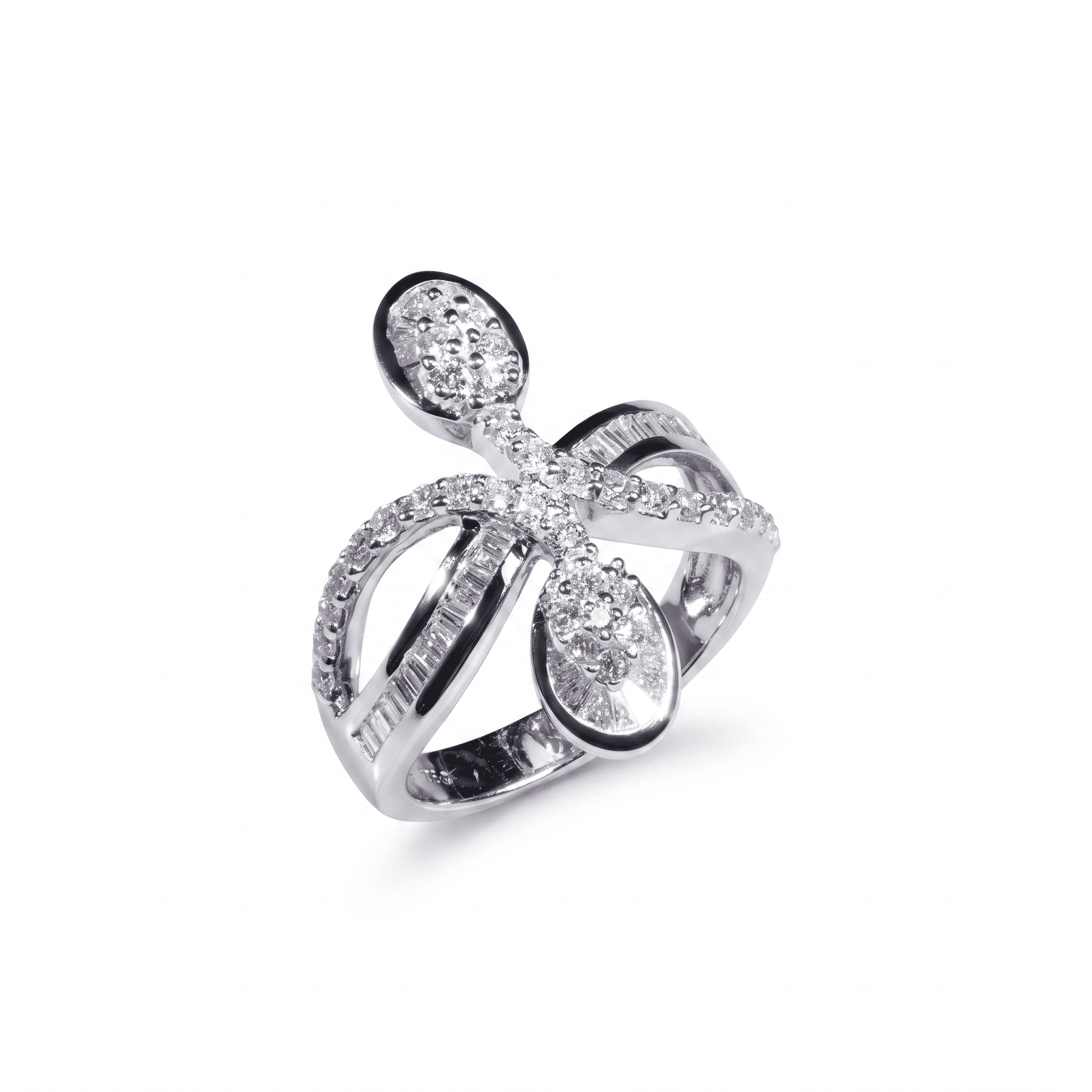 18K white gold statement ring with round and baguette-cut diamonds