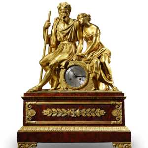 19th-century French gilt-bronze figural mantel clock with classical figures and ornate red base