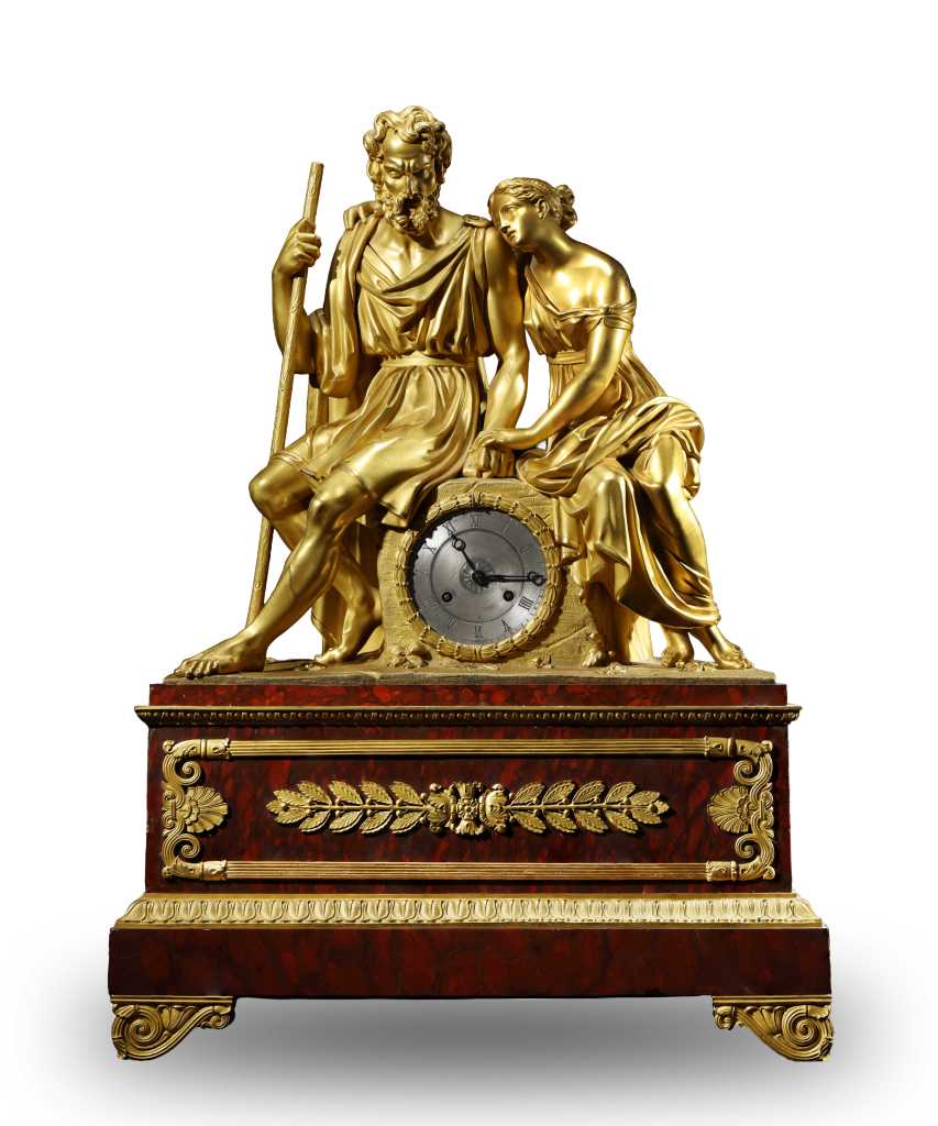19th-century French gilt-bronze figural mantel clock with classical figures and ornate red base