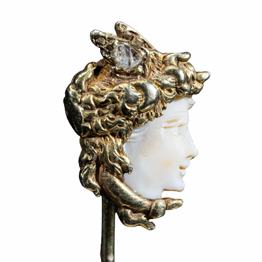 Antique Art Nouveau gold stick pin with carved white agate female profile and diamond accents