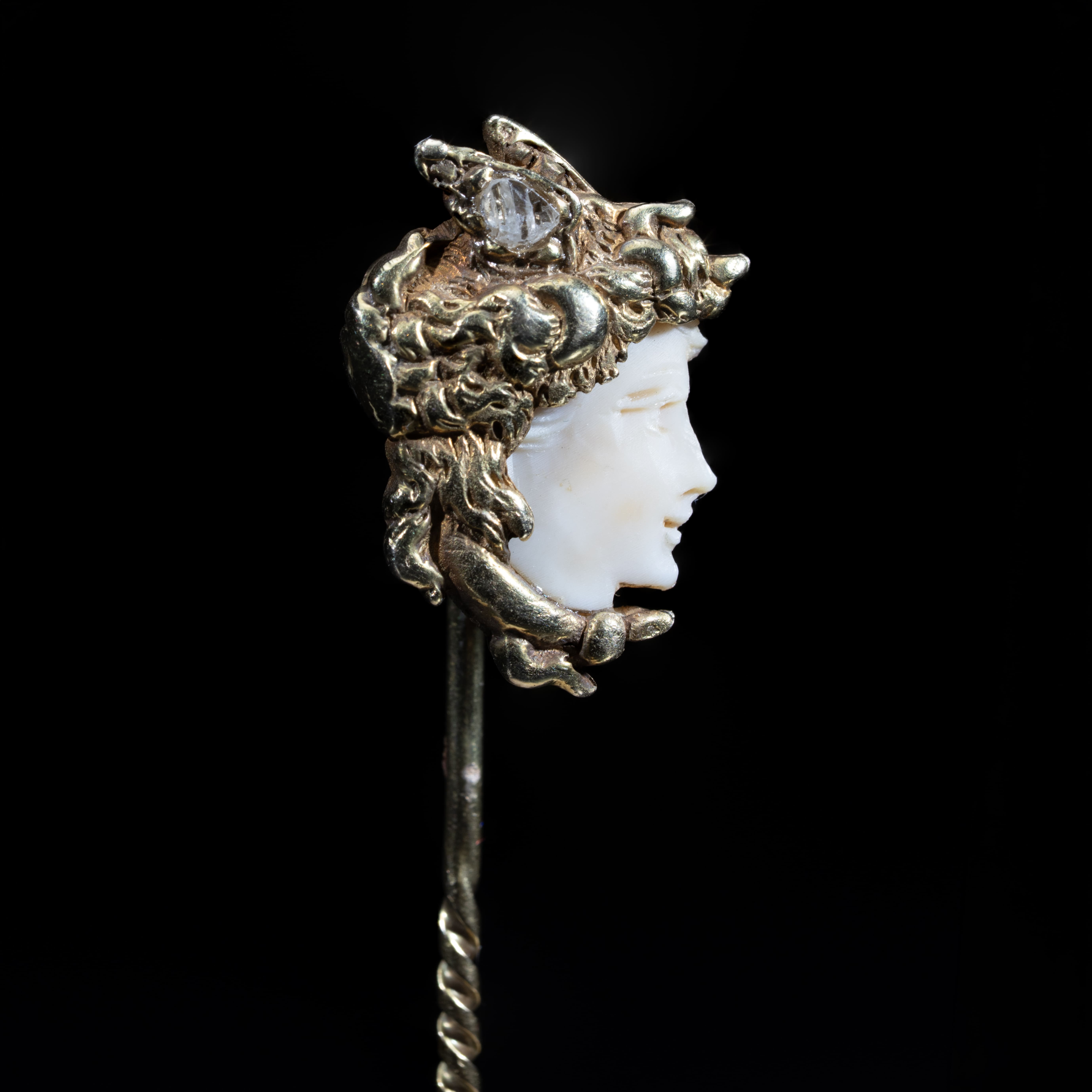 Antique Art Nouveau gold stick pin with carved white agate female profile and diamond accents