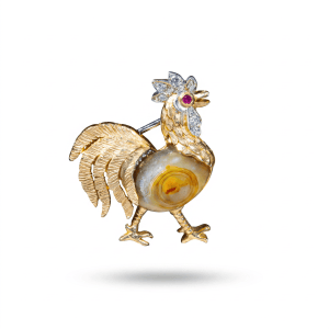 French 18K gold rooster brooch with natural agate, diamond accents and ruby eye