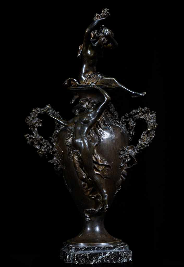 Early 20th-century French Art Nouveau bronze vase with sculpted female figures and marble base