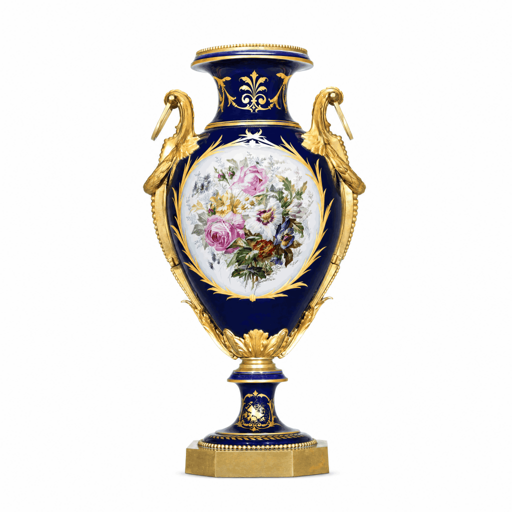 Early 20th century French Sèvres-style cobalt blue porcelain vase with gilt swan mounts and floral decoration
