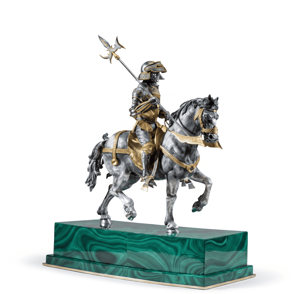 Italian silver parcel-gilt medieval knight on horseback sculpture mounted on a green malachite base