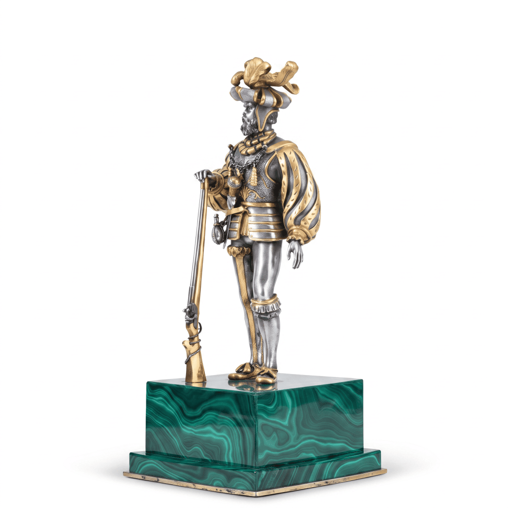 Italian 800 silver Renaissance soldier figure with firearm on square malachite base