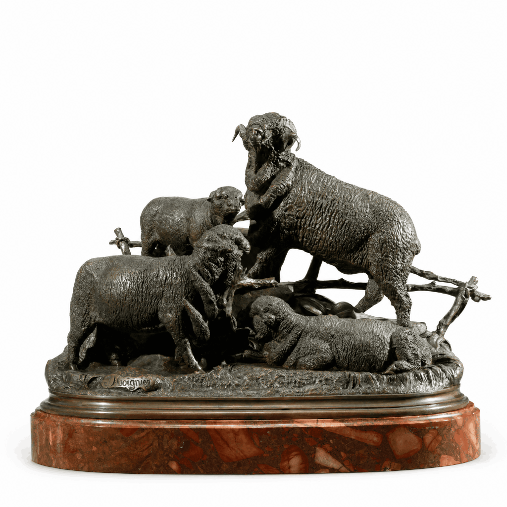 Jules Moigniez 19th-century French bronze sculpture of sheep and rams on red marble base
