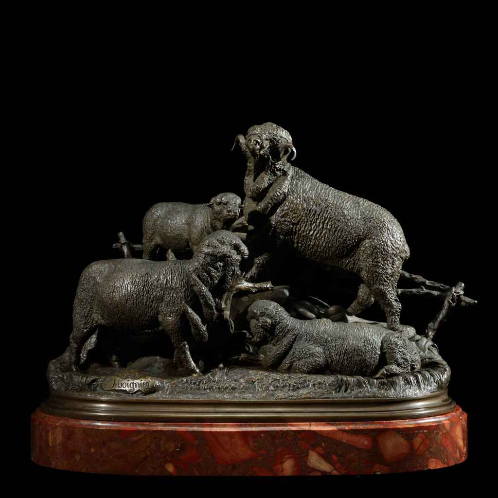 Jules Moigniez 19th-century French bronze sculpture of sheep and rams on red marble base
