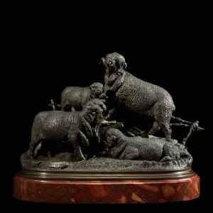 Jules Moigniez 19th-century French bronze sculpture of sheep and rams on red marble base