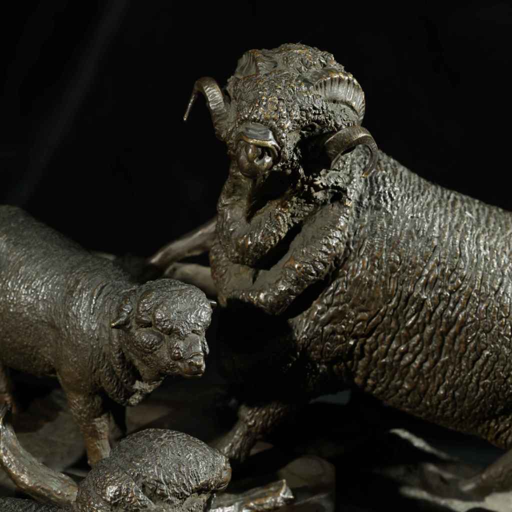 Jules Moigniez 19th-century French bronze sculpture of sheep and rams on red marble base