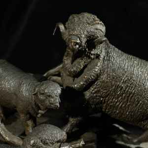 Jules Moigniez 19th-century French bronze sculpture of sheep and rams on red marble base