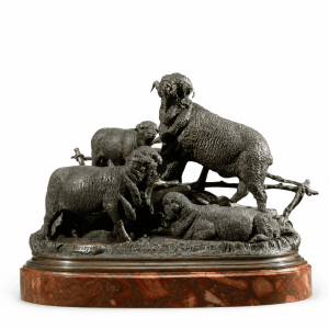 Jules Moigniez 19th-century French bronze sculpture of sheep and rams on red marble base