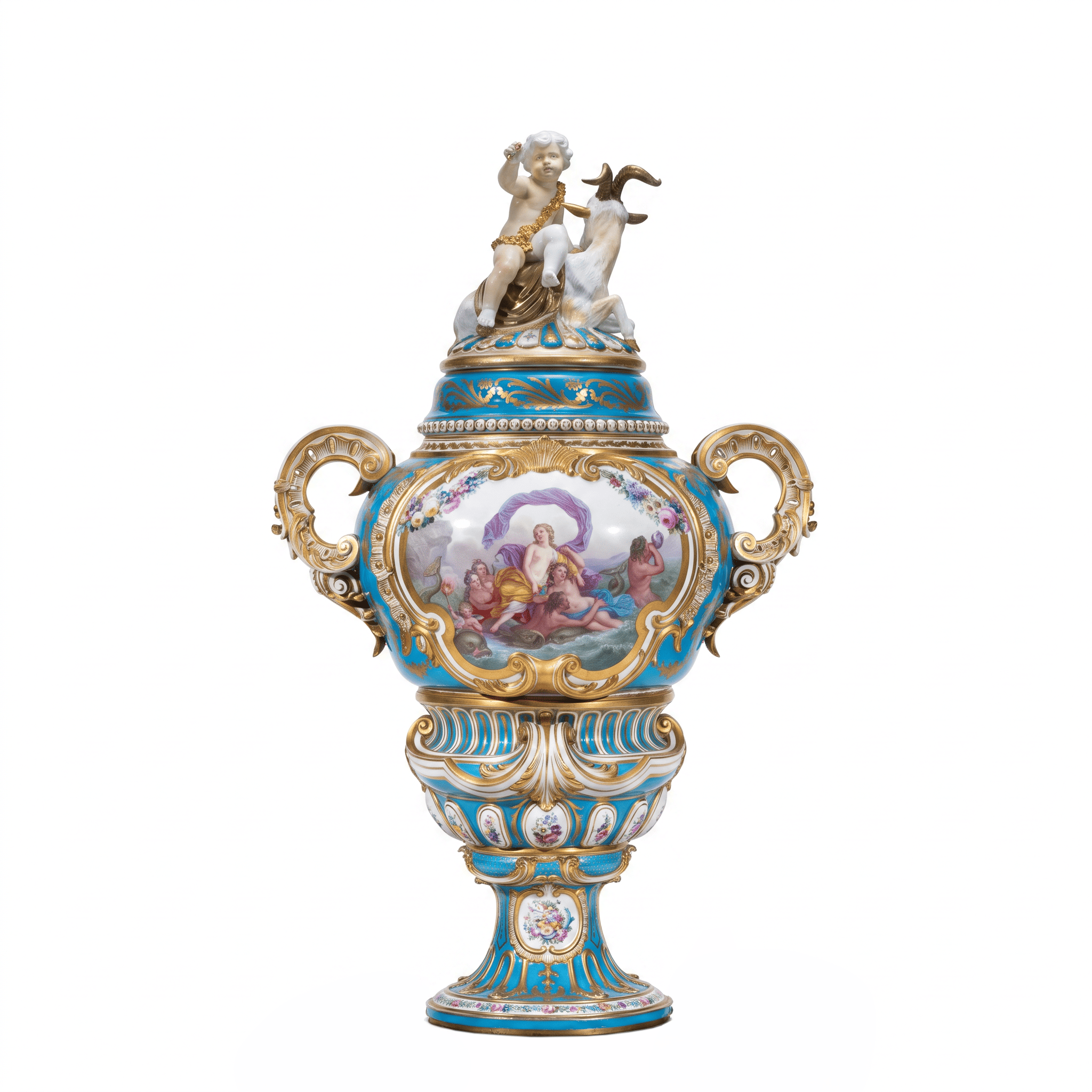Rare Sèvres turquoise and gilt porcelain vase with hand-painted mythological scene and sculptural child and goat finial