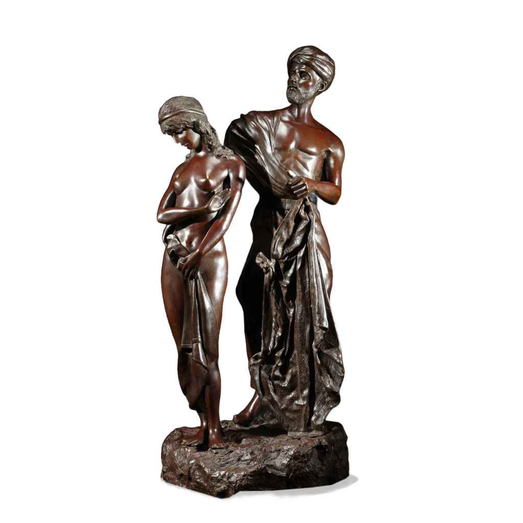 Signed 19th-century bronze sculpture depicting male and female figures with dark brown patina