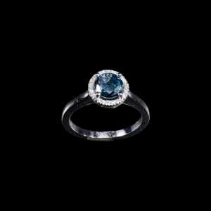 14K white gold halo ring with round blue diamond and white diamond accents