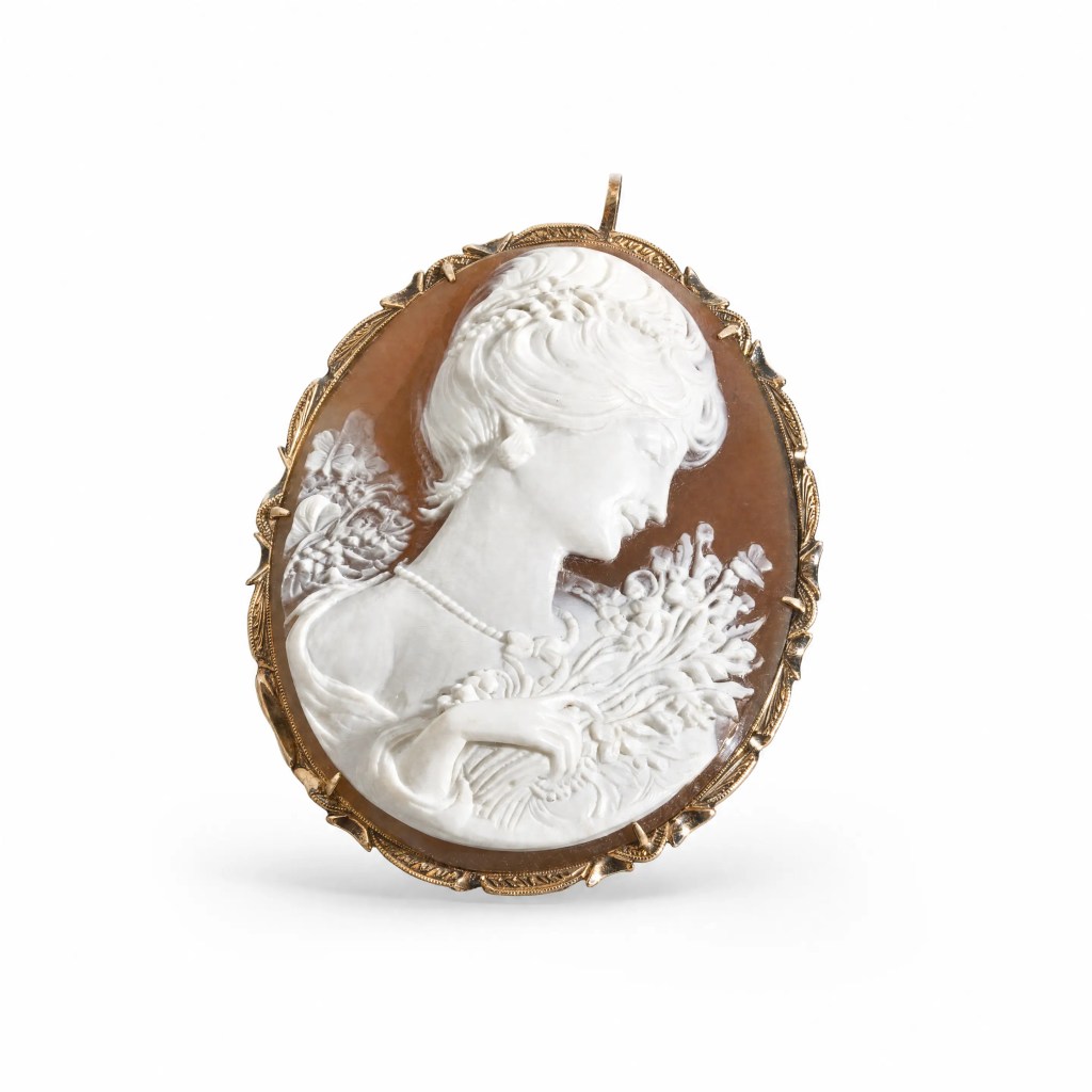 18K gold hand-carved shell cameo brooch and pendant featuring a classical woman holding a floral bouquet