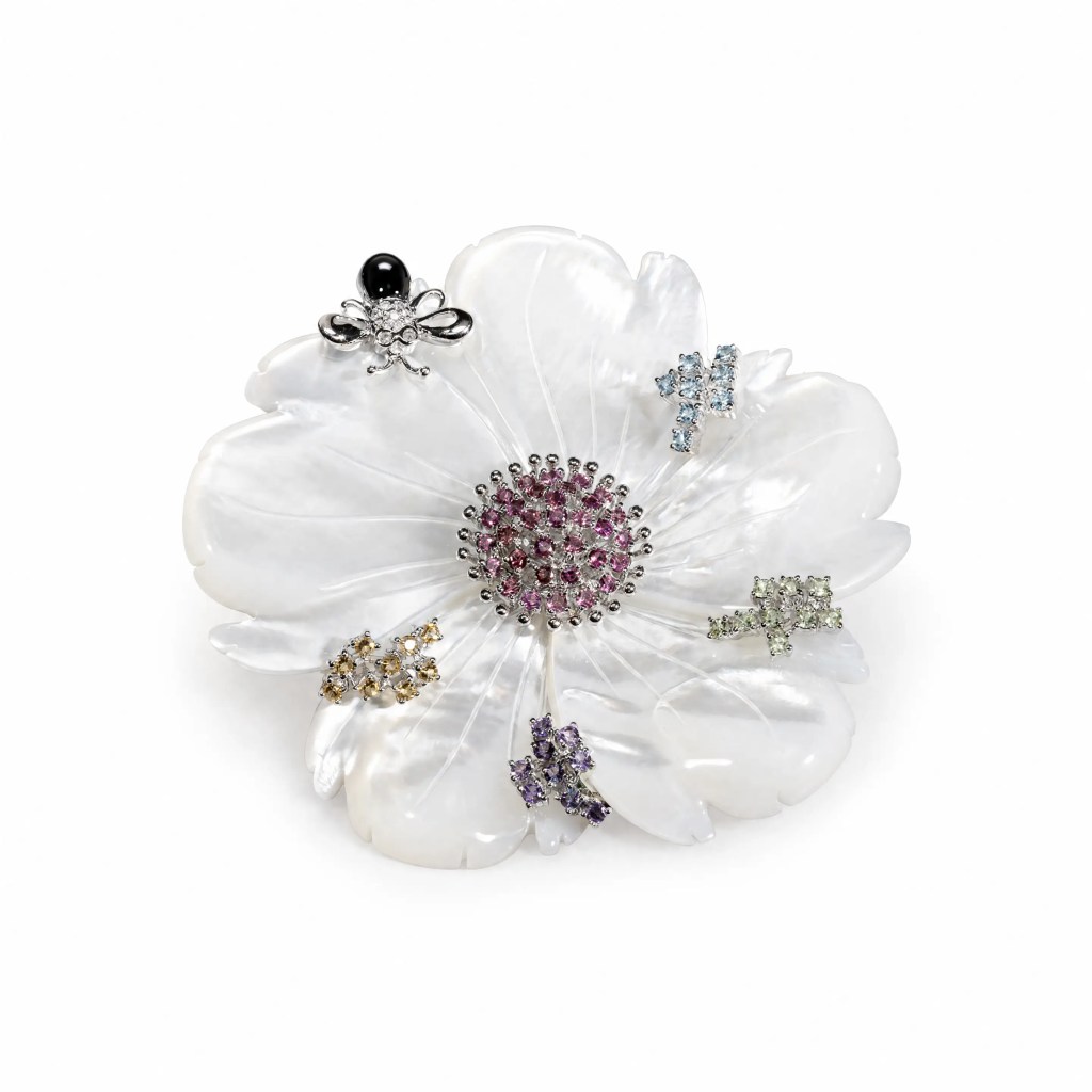 18K gold hand-carved mother-of-pearl floral brooch with diamonds and colorful gemstones