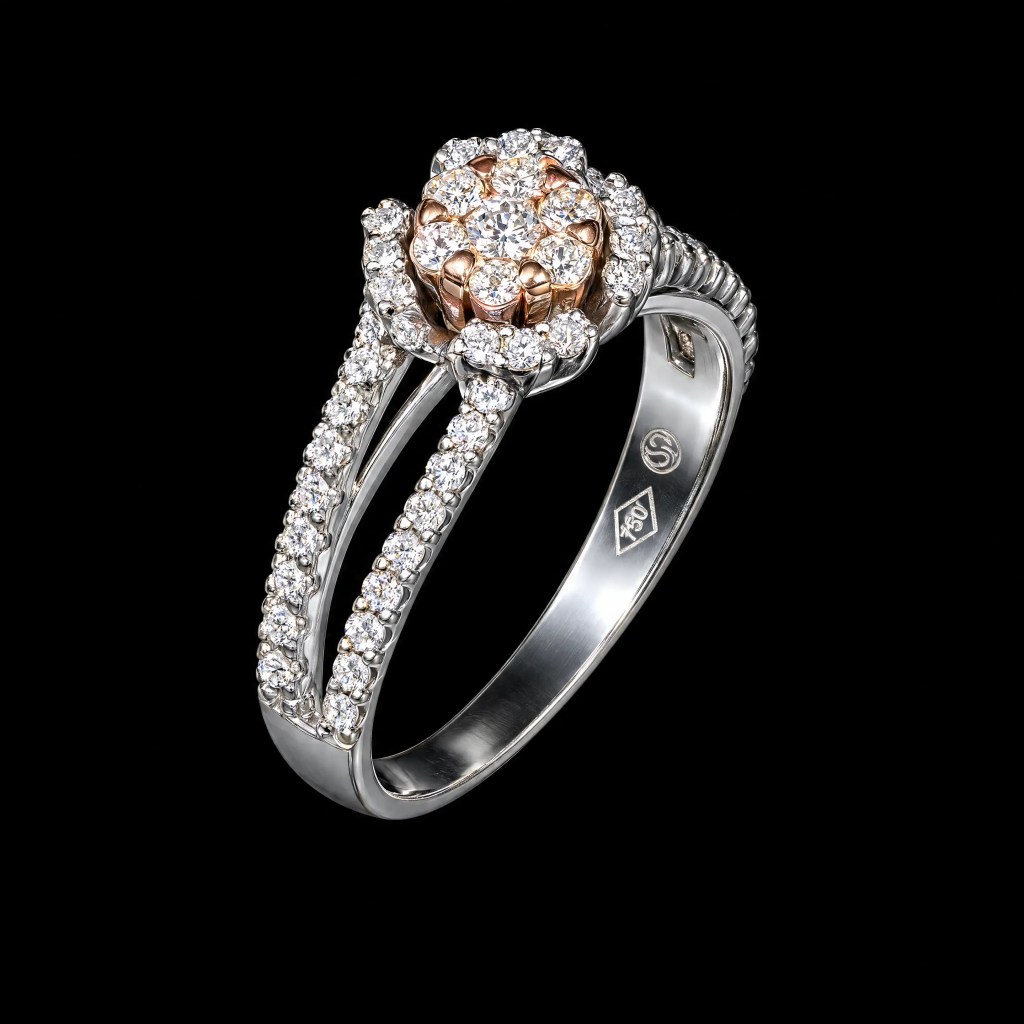 18K white gold floral ring with 51 diamonds totaling 0.60 carats