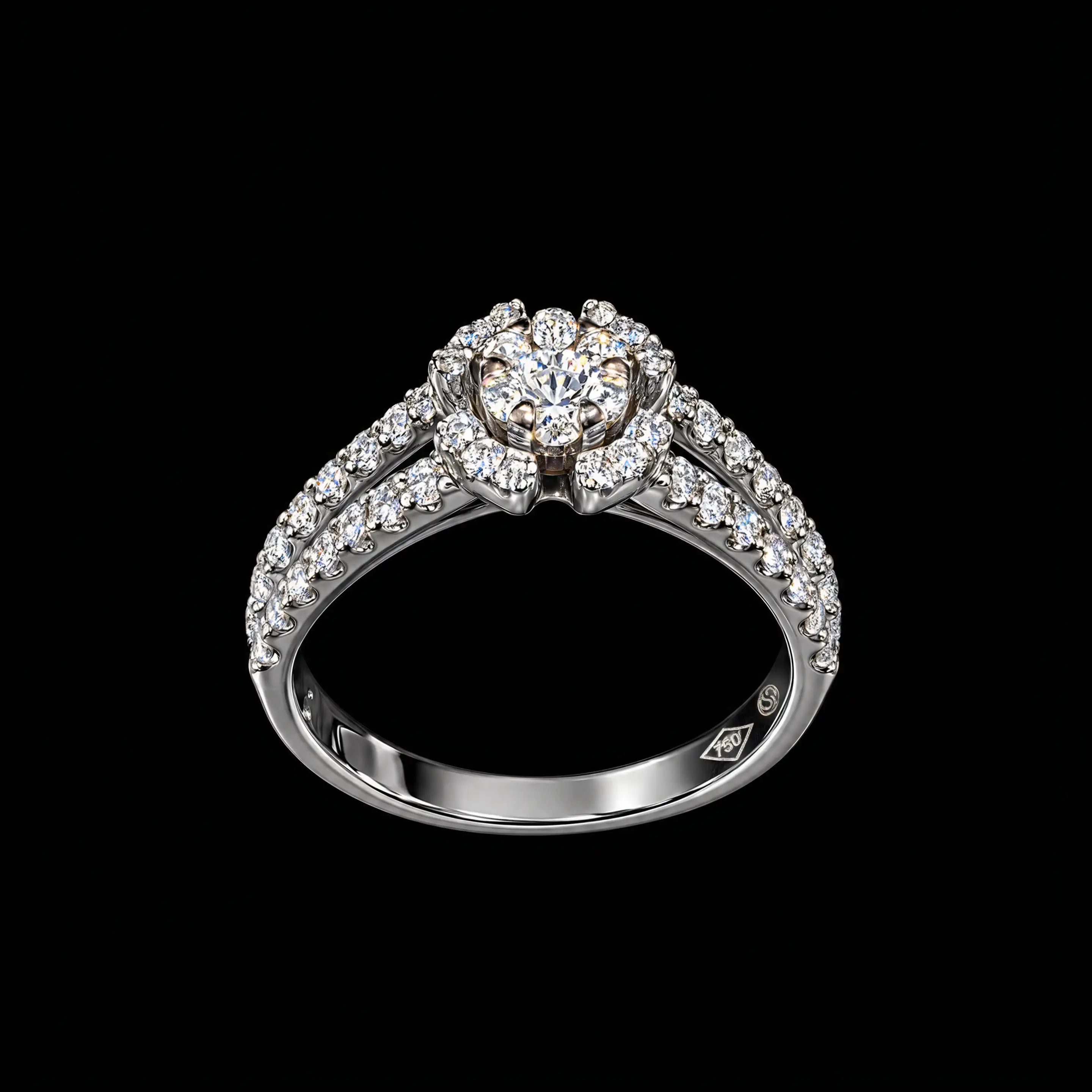 18K white gold floral ring with 51 diamonds totaling 0.60 carats