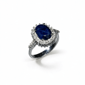 18K white gold oval blue sapphire ring with brilliant diamond halo