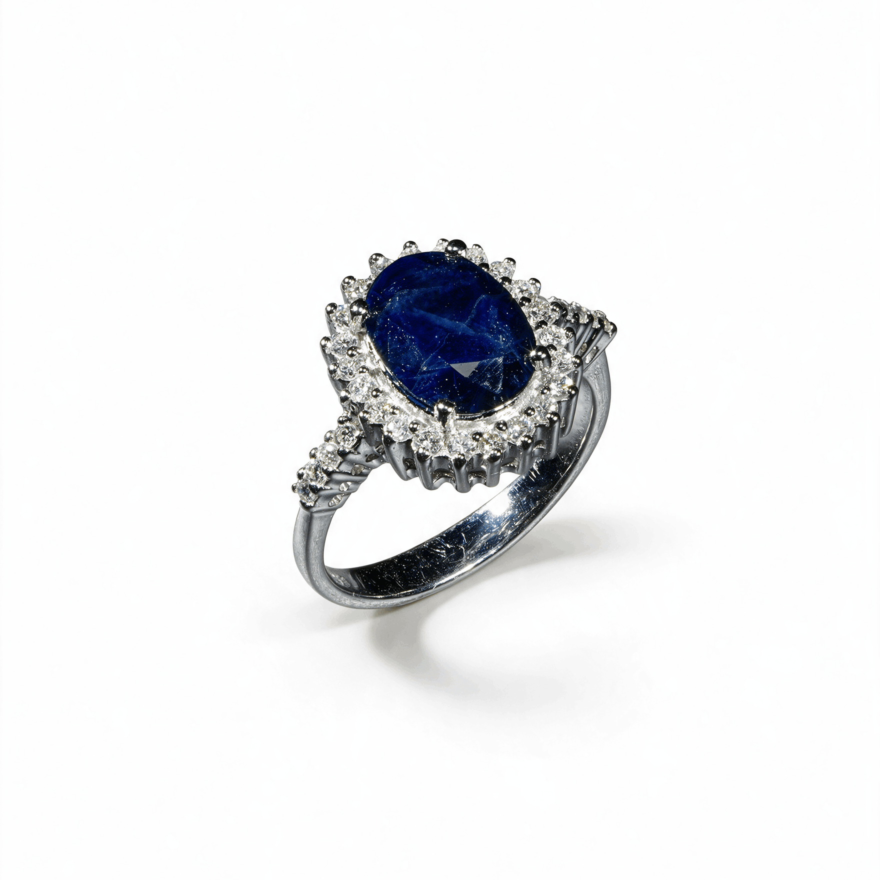 18K white gold oval blue sapphire ring with brilliant diamond halo