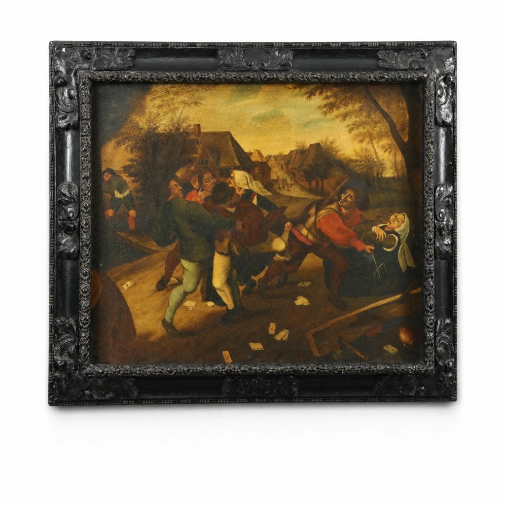 19th-century European genre painting of village card players in original carved period frame