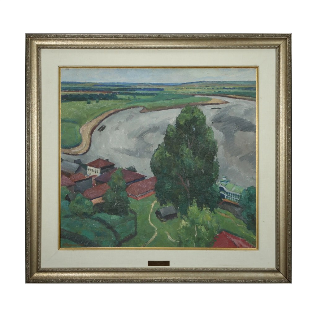 20th-century signed landscape painting of a winding river, countryside and red-roofed village