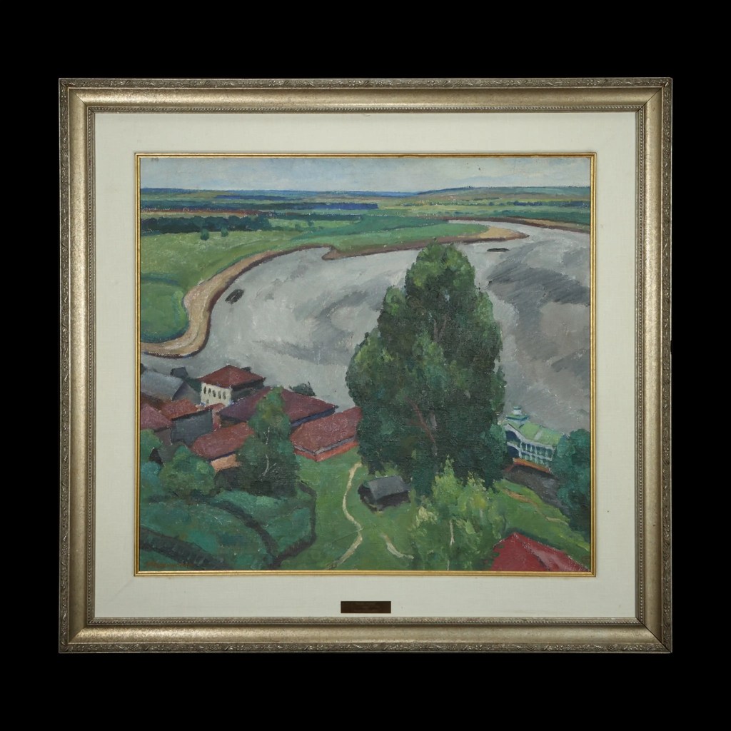 20th-century signed landscape painting of a winding river, countryside and red-roofed village