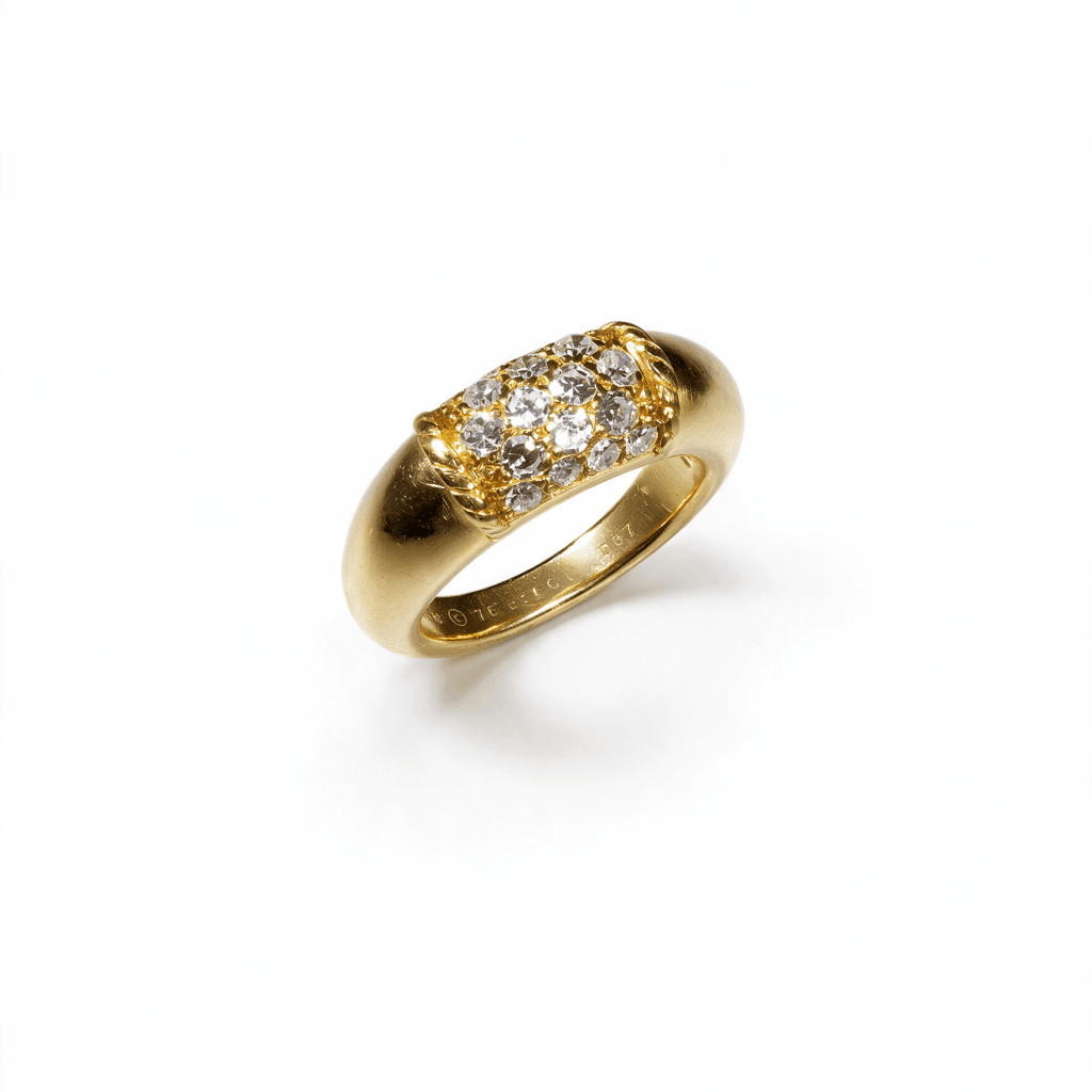 Antique 18K yellow gold wide band ring with round diamond cluster